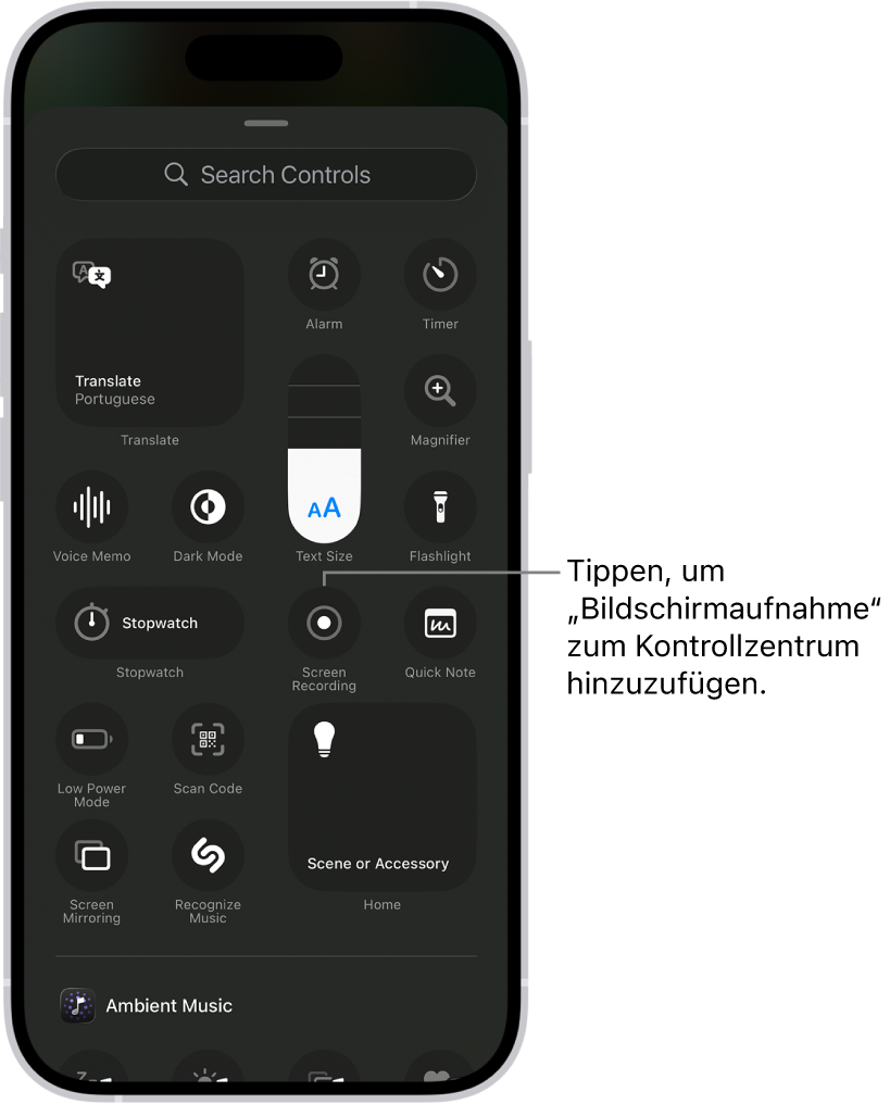 Ein Bildschirm zeigt Steuerelemente, die du zum Kontrollzentrum hinzufügen kannst. Das Steuerelement „Bildschirmaufnahme“ befindet sich in der Mitte.