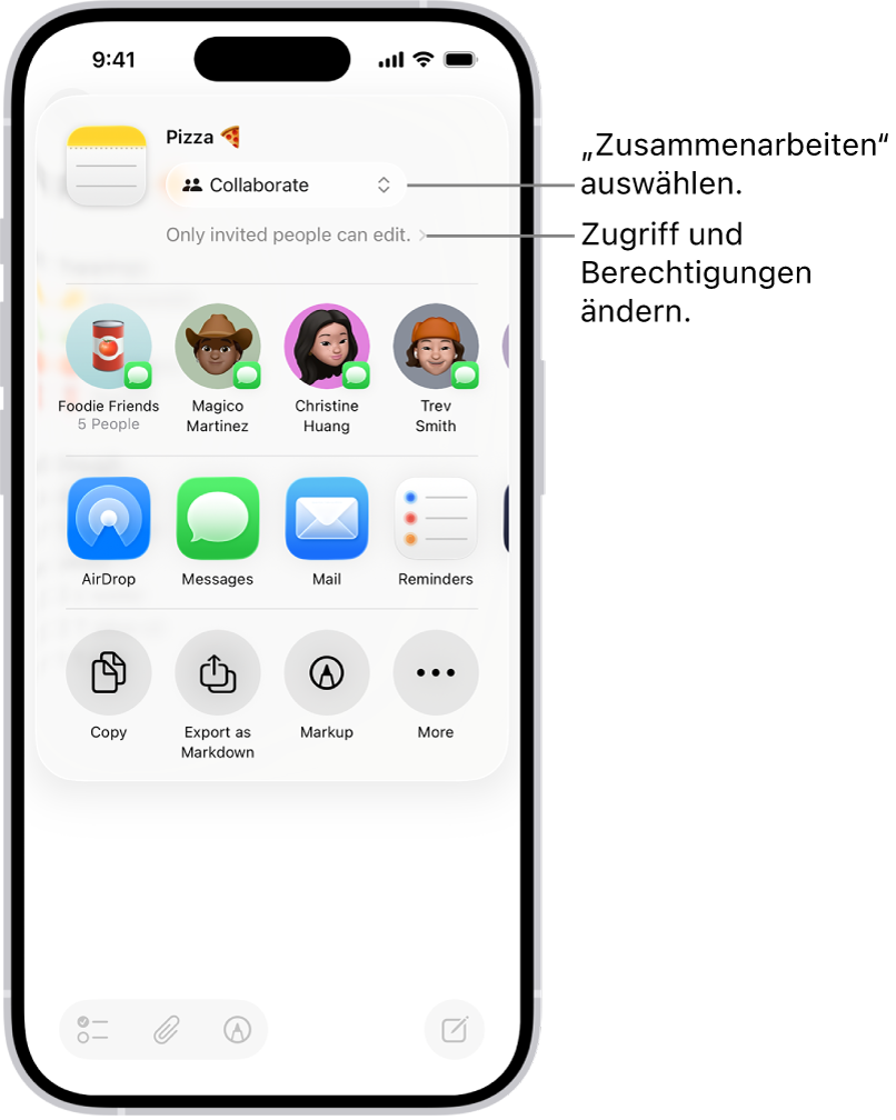 Eine Einladung zum Zusammenarbeiten an einem Rezept in der App „Notizen“, in der die Freigabeoption „Zusammenarbeiten“ und die Zugriffs- und Berechtigungseinstellung „Nur von dir eingeladene Personen dürfen bearbeiten“ angezeigt wird. Vier potenzielle Empfänger:innen, darunter eine Gruppe, werden in einer Zeile darunter angezeigt. Die nächste Zeile enthält verschiedene Möglichkeiten zum Teilen der Notiz: „AirDrop“, „Nachrichten“, „Mail“ und „Erinnerungen“.