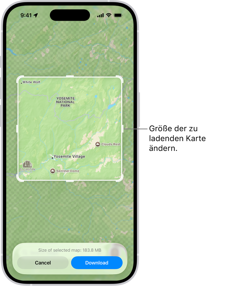 Eine Karte eines Nationalparks. Um den Park herum befindet sich ein Rahmen mit Aktivpunkten, die bewegt werden können, um die Größe der zu ladenden Karte zu ändern. Die ausgewählte Ladegröße für die Karte wird unten am Kartenrand angegeben. Die Tasten „Abbrechen“ und „Laden“ befinden sich unten auf dem Bildschirm.