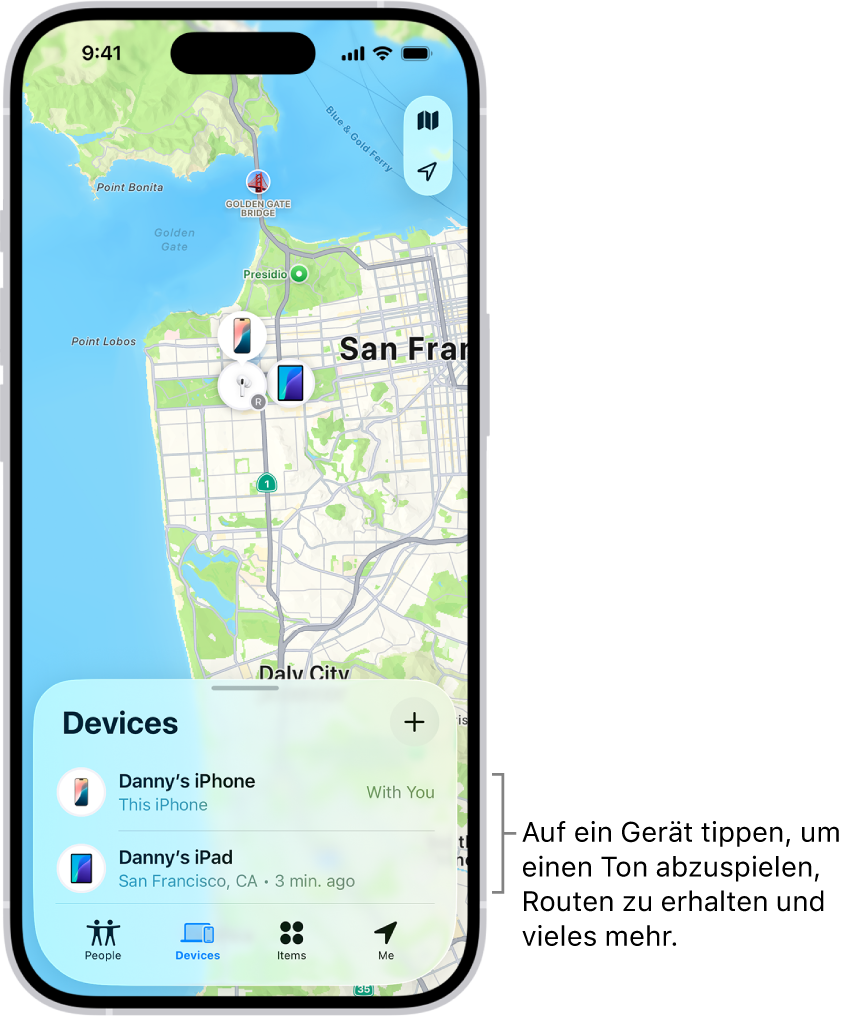 Der Bildschirm „Wo ist?“ mit geöffneter Liste „Geräte“. Die Liste „Geräte“ enthält zwei Geräte: „iPhone von Danny“ und „iPad von Danny“. Ihre Standorte werden auf einer Karte angezeigt.