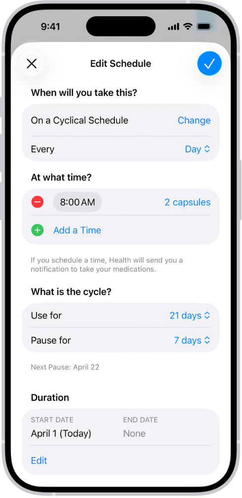 Der Bildschirm „Medikamente“ in der App „Health“ mit Optionen zum Ändern des Zeitplans für die Medikamenteneinnahme.