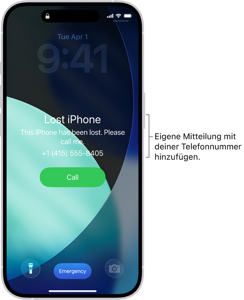 Ein iPhone-Sperrbildschirm mit der Nachricht „iPhone verloren“. Du kannst eine eigene Nachricht mit deiner Telefonnummer hinzufügen.