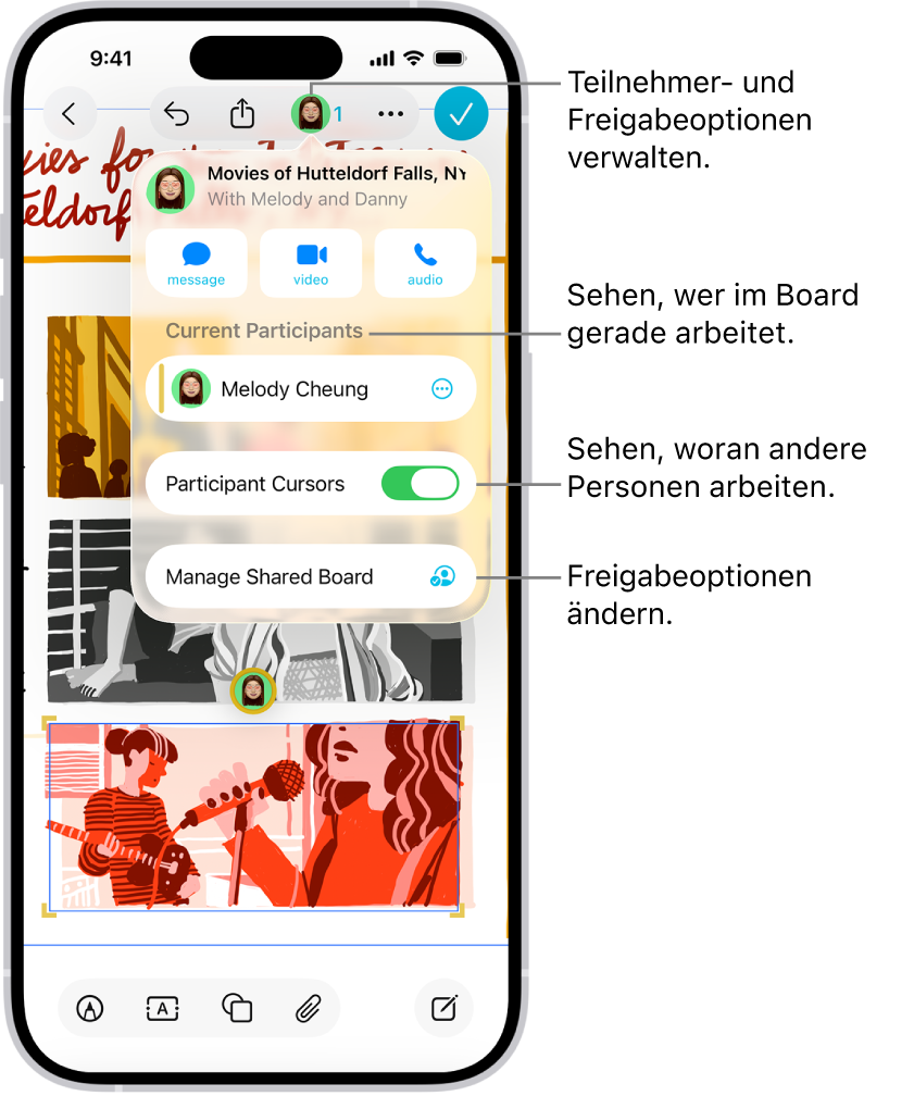 Ein geteiltes Freeform-Board auf dem iPhone mit dem geöffneten Menü zum Zusammenarbeiten.