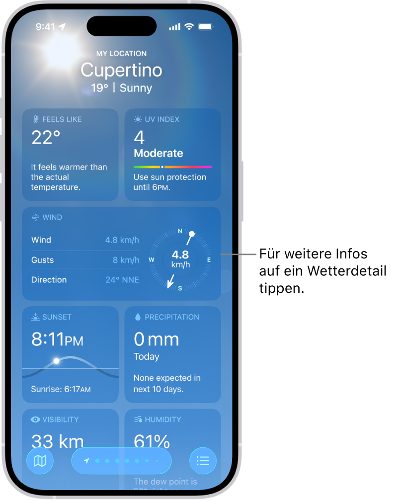 Die App „Wetter“ mit dem aktuellen Standort oben sowie der aktuellen Temperatur und Wetterlage darunter. Im restlichen Bereich der Anzeige befinden sich Wetterdetails, wie der UV-Index, Wind und der Niederschlag.