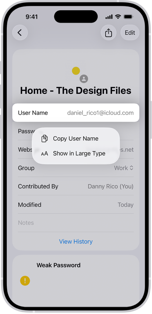 Μια οθόνη λογαριασμού που εμφανίζει το όνομα χρήστη επισημασμένο, με επιλογές για Αντιγραφή ονόματος χρήστη και Εμφάνιση σε μεγάλο μέγεθος.