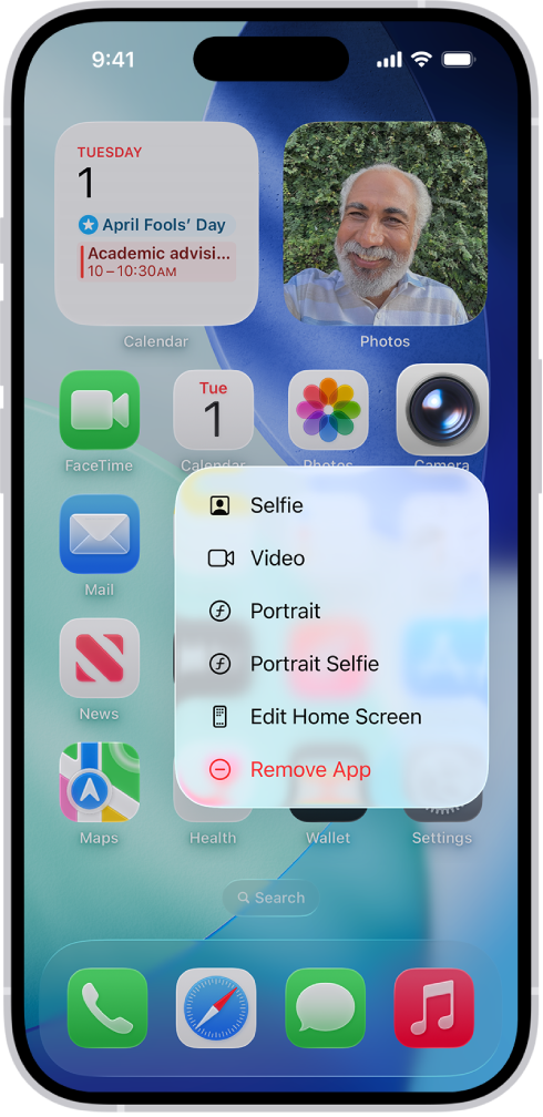 A blurred Home Screen, with the Camera quick actions menu showing below the Camera app icon.