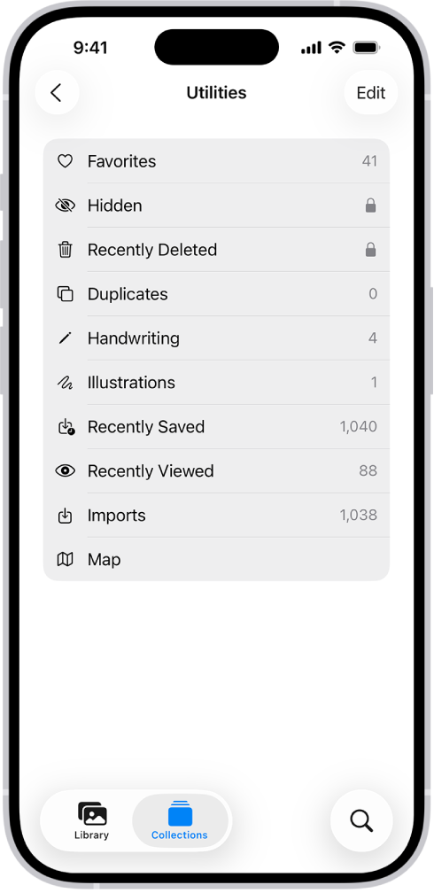 In the Photos app, the Utilities collection is open, showing a list of collections of photos.