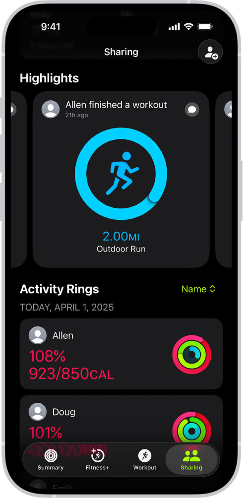 The Fitness Sharing screen, with activity rings and activity highlights shared between a person and their friends.