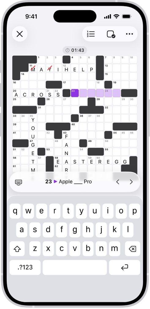 A partially filled crossword puzzle, with controls above it, and a keyboard open at the bottom.