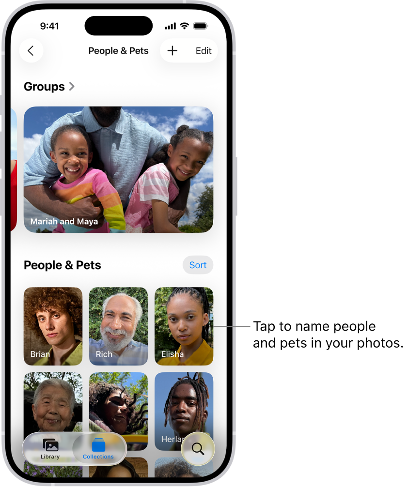 The People & Pets collection in the Photos app. Groups appear at the top, and people and pets are listed below.
