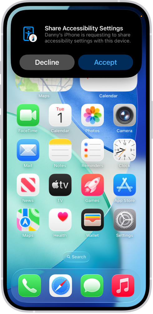 An iPhone showing a notification that Danny’s iPhone is requesting to share accessibility settings.