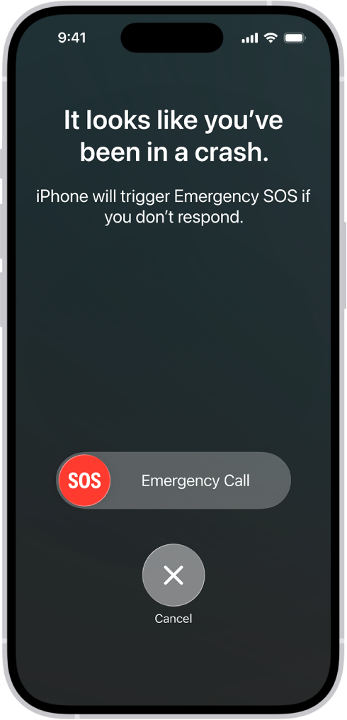 The Crash Detection screen showing a notification you’ve been in a crash, below it is an Emergency Call SOS slider with a cancel button.