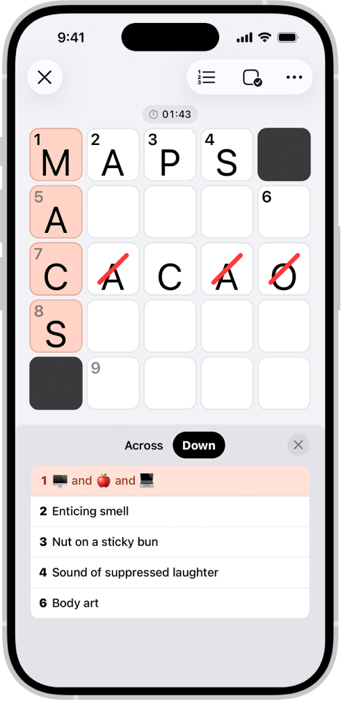 A partially filled mini crossword puzzle, with clues open at the bottom.