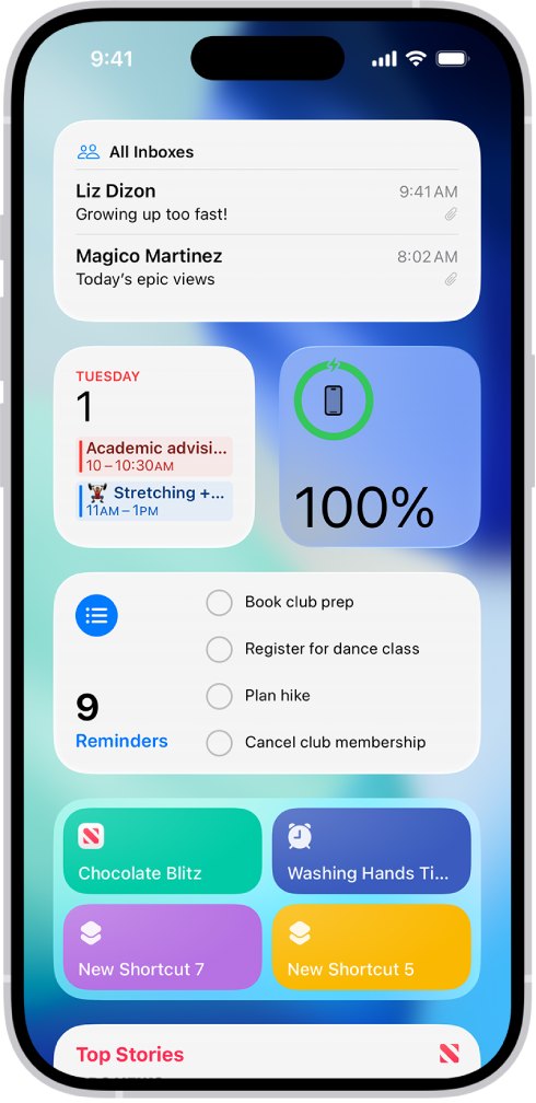 Widgets appearing in Today View, including the Reminders, Photos, Battery, Calendar, and Tips widgets and more. Tap one to add it to your Home Screen.
