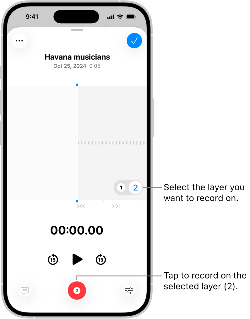 The screen for recording a second layer in Voice Memos.