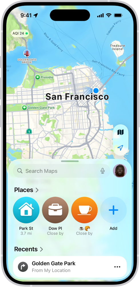 The Maps app showing pins in Places and Recents.