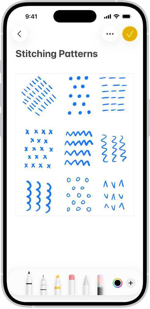 A note showing a drawing and Markup tools along the bottom of the screen.