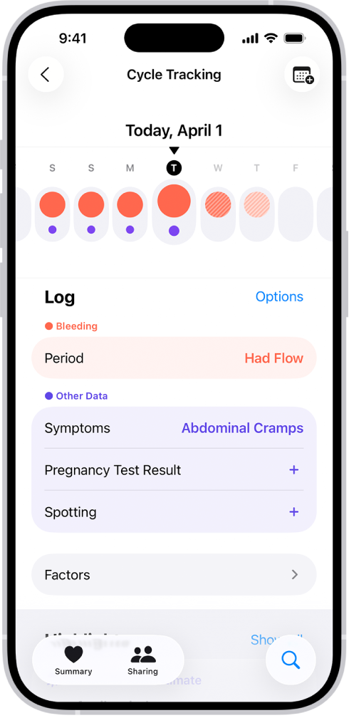 The Cycle Tracking screen showing the timeline for a week at the top of the screen. Solid red circles and purple dots mark the first 5 days on the timeline. Below the timeline are options to add information about periods, symptoms, and more.
