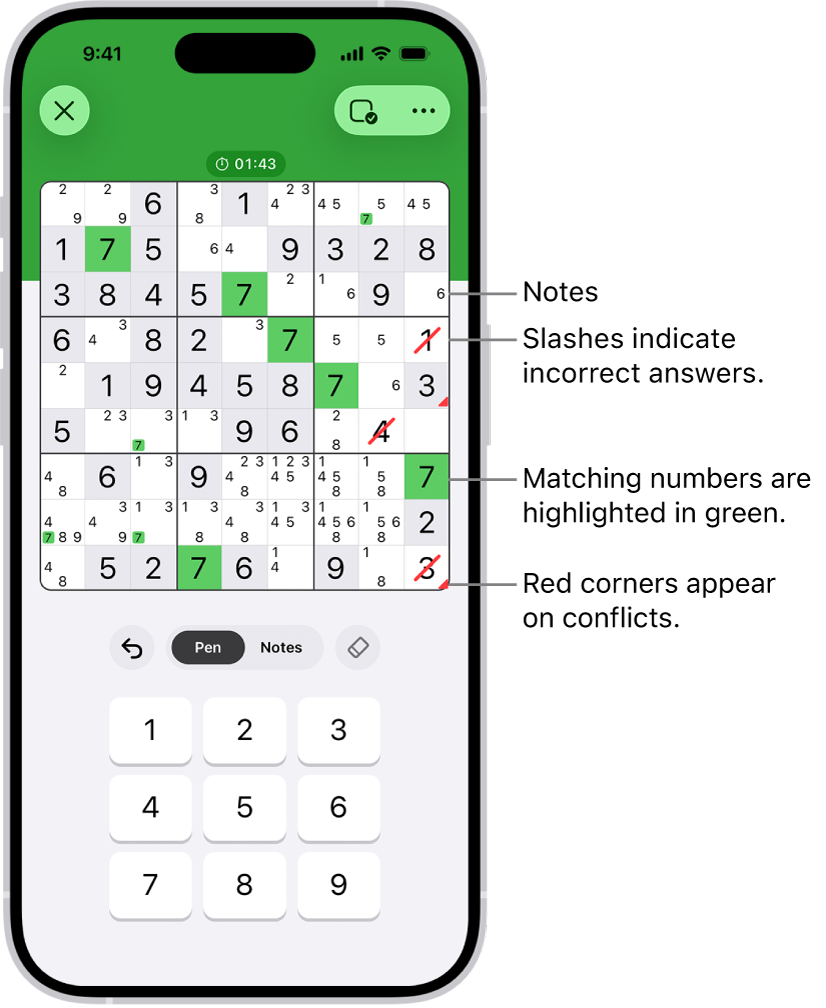 A sudoku puzzle with several features turned on: Notes, Highlight Matching Numbers, Show Conflicts, and Autocheck.
