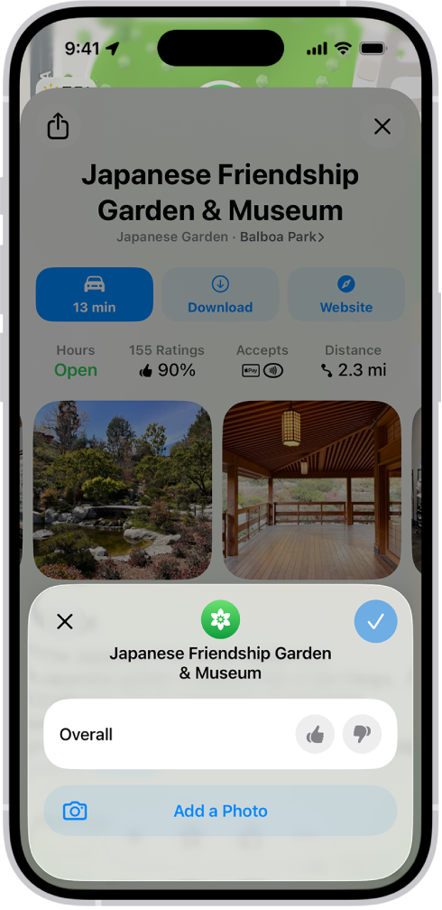 A place card with an overall rating for a location, photos, and buttons to rate the location.