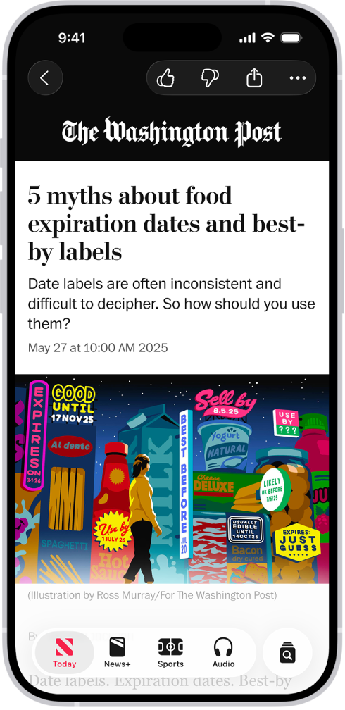 A news story in the News app. In the tabs across the bottom, Today is selected.