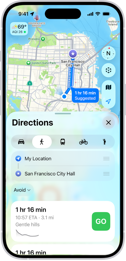 A map showing a walking route. The route card at the bottom provides details for the route, including estimated travel time and elevation changes. A Go button appears to the right of the details.