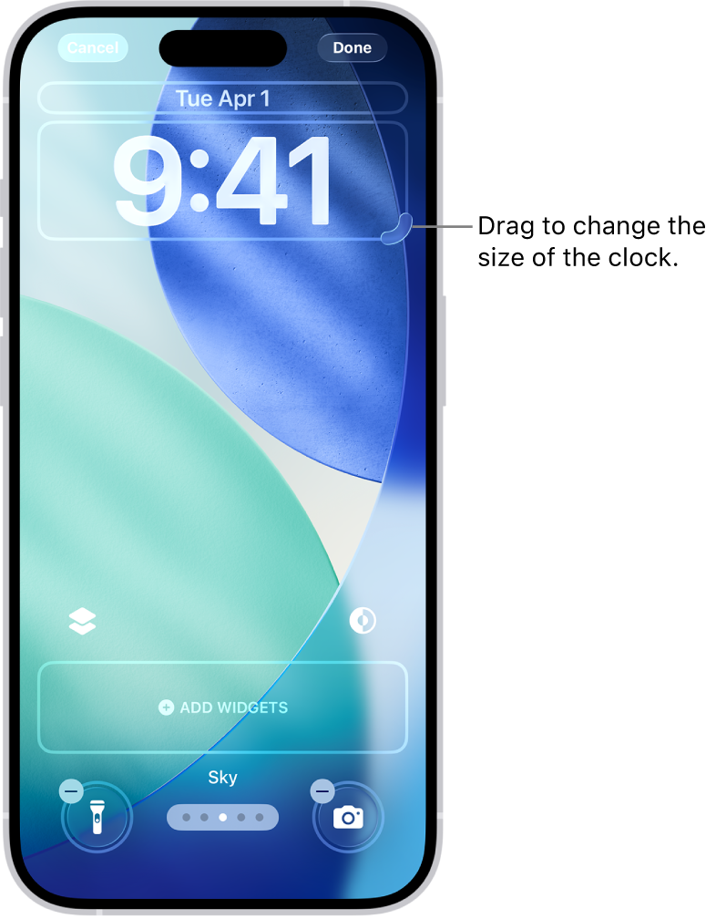 A custom Lock Screen in the process of being edited. Elements available for customization are selected—the date, the time, and a button for adding widgets.