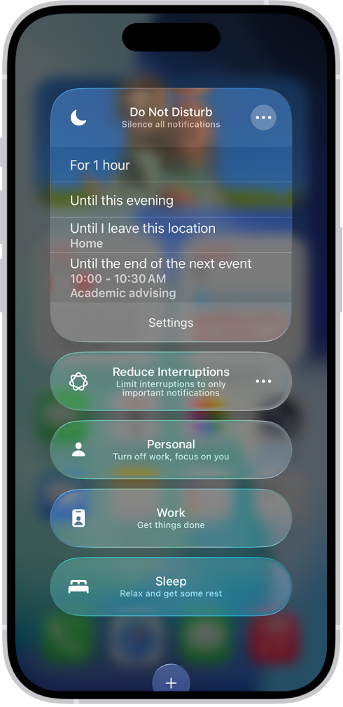 The screen for choosing how long to leave on Do Not Disturb—the options are “For 1 hour,” “Until this evening,” and “Until I leave this location.”