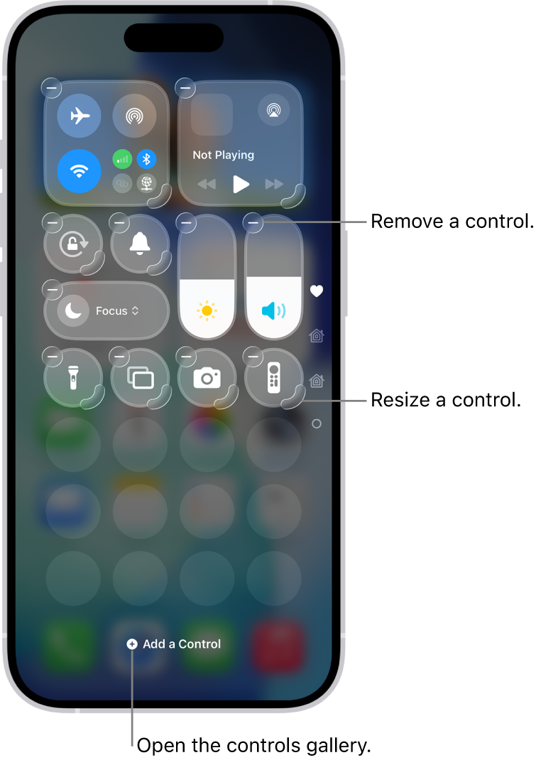 Control Center being edited, with a Remove button and resize handle on every control.