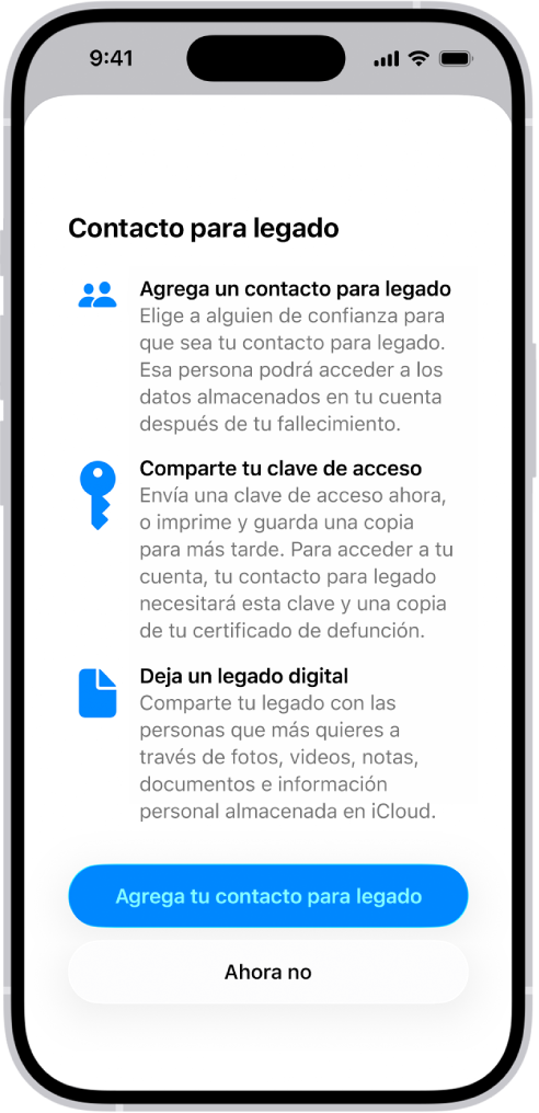 La pantalla Agregar contacto de recuperación mostrando contactos sugeridos para seleccionarlos como contacto de recuperación, y la opción de seleccionar a alguien más.