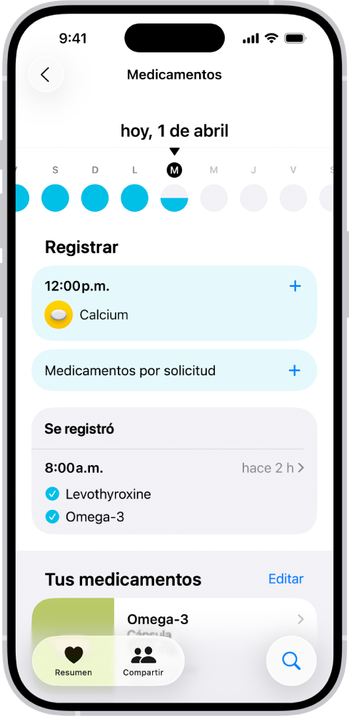 La pantalla de Medicamentos en la app Salud mostrando una fecha y un registro de medicamentos.
