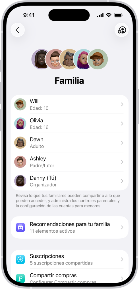 La pantalla Familia en Configuración. Aparecen cinco integrantes de la familia. Debajo de sus nombres hay recomendaciones para la familia, suscripciones y opciones para compartir compras.