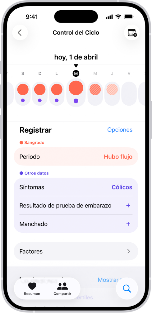 La pantalla Control del Ciclo mostrando una línea del tiempo de una semana en la parte superior. Los círculos rojos sólidos y los puntos morados marcan los primeros 5 días en la línea de tiempo. Debajo de la línea del tiempo hay opciones para agregar información sobre el periodo, los síntomas y más.