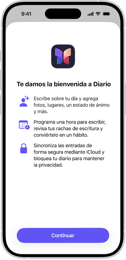 La pantalla de bienvenida de la app Diario.