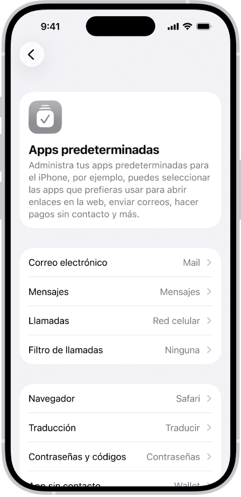 La pantalla para cambiar las apps predeterminadas para enviar correos, navegar por Internet y más.