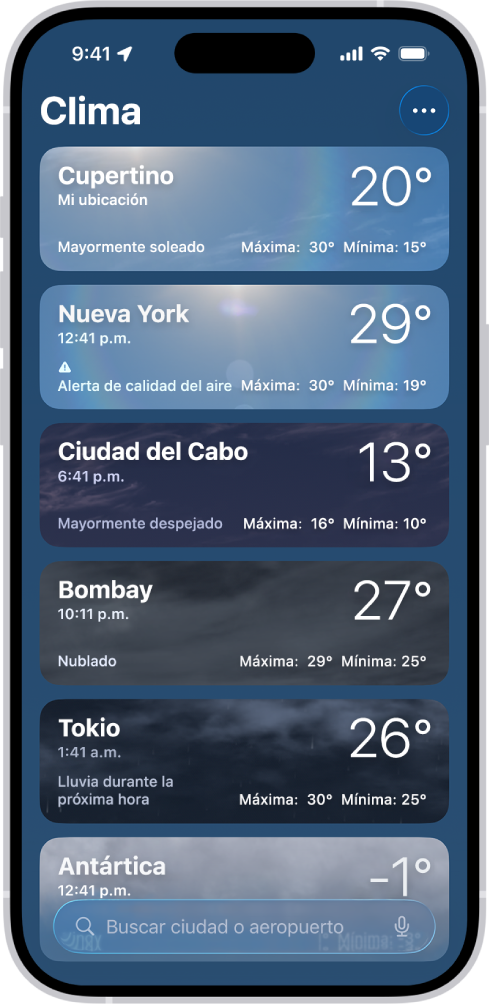 La app Clima mostrando una lista de ciudades con datos actuales de temperatura, pronóstico y temperaturas máxima y mínima. En la parte inferior de la pantalla se encuentra el campo de búsqueda y, en la esquina superior derecha está el botón Más.