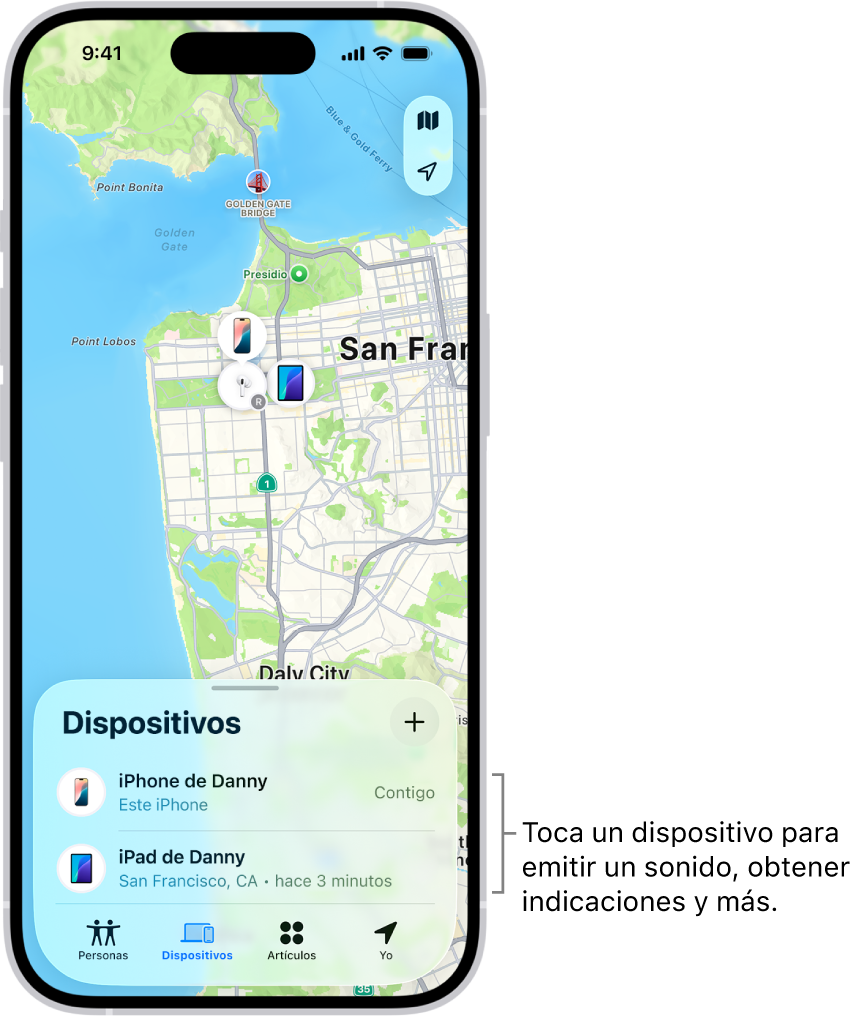 La pantalla de Encontrar abierta mostrando la lista Dispositivos. Se muestran dos dispositivos en la lista Dispositivos: iPhone de Alberto y iPad de Alberto Sus ubicaciones se muestran en un mapa.