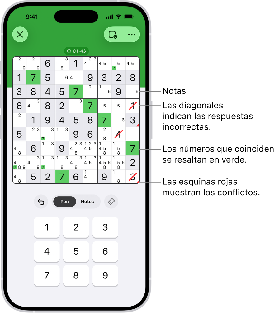 Un juego de sudoku con varias funciones activadas: Notes, Highlight Matching Numbers, Show Conflicts, y Autocheck.