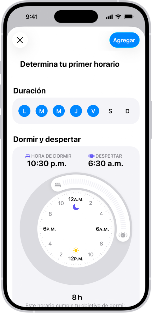 La pantalla Determina tu primer horario en Salud, con la sección Duración, y el reloj Dormir y despertar.