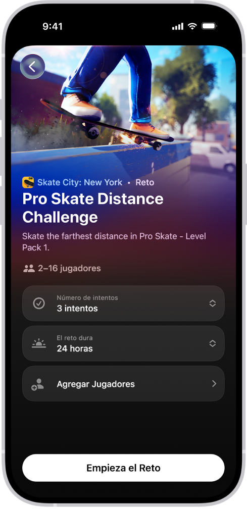 La pantalla de configuración para iniciar un reto que muestra las opciones para establecer el número de intentos y la duración del reto antes de jugar con amistades.