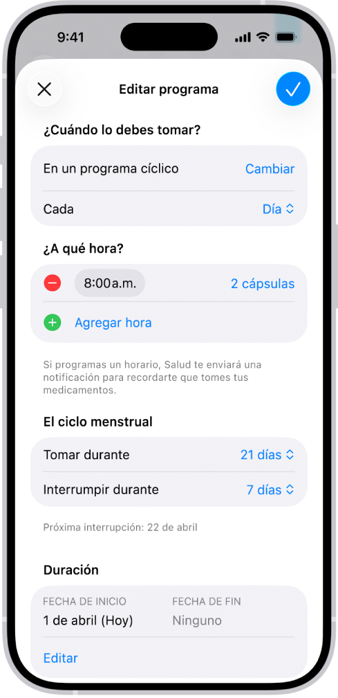 La pantalla de Medicamentos en la app Salud mostrando opciones para cambiar el programa de un medicamento.