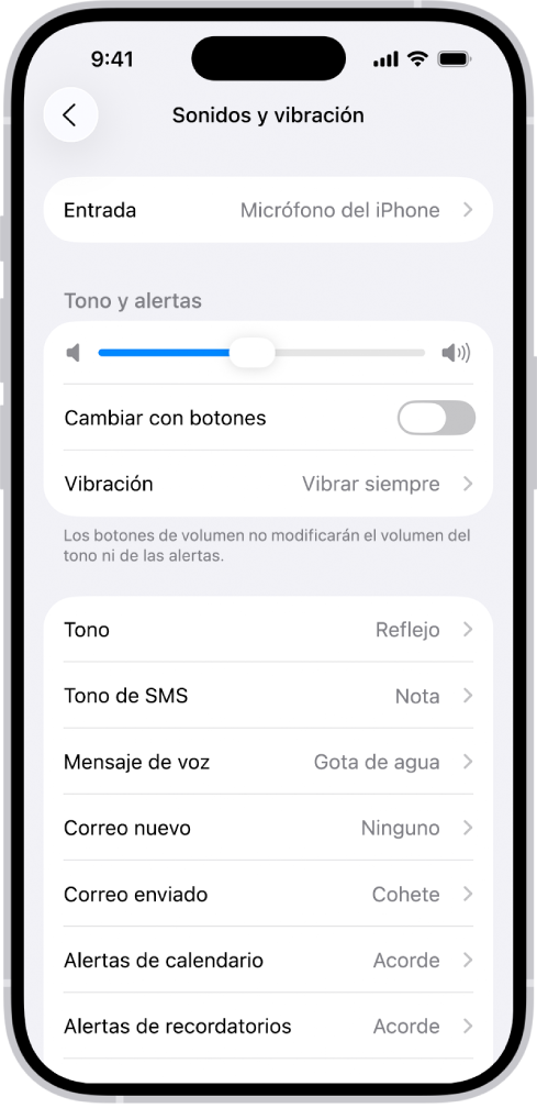 La pantalla Sonidos y vibraciones en Configuración.