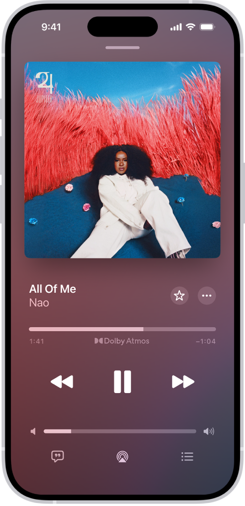 La pantalla Ahora suena mostrando los diversos controles y botones.