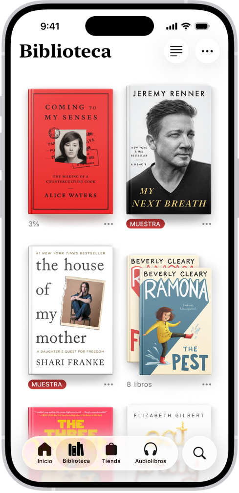 La pantalla Biblioteca de la app Libros. En la parte superior de la pantalla está el botón Colecciones. En el centro de la pantalla se muestran portadas de los libros. En la parte inferior de la pantalla, de izquierda a derecha, se encuentran las pestañas Inicio, Biblioteca, Tienda, Audiolibros y Buscar. La pestaña Biblioteca está seleccionada.