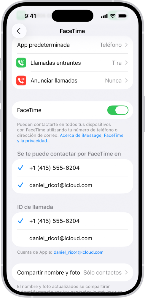 La pantalla de Configuración de FaceTime donde se encuentra el interruptor para activar o desactivar FaceTime y el campo con tu cuenta de Apple para FaceTime.