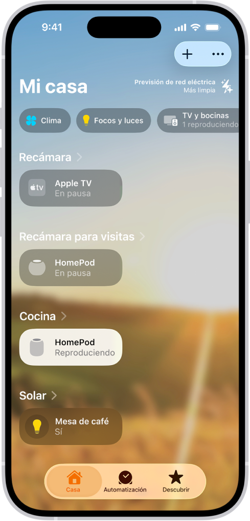 La pantalla Mi casa en la app Casa.