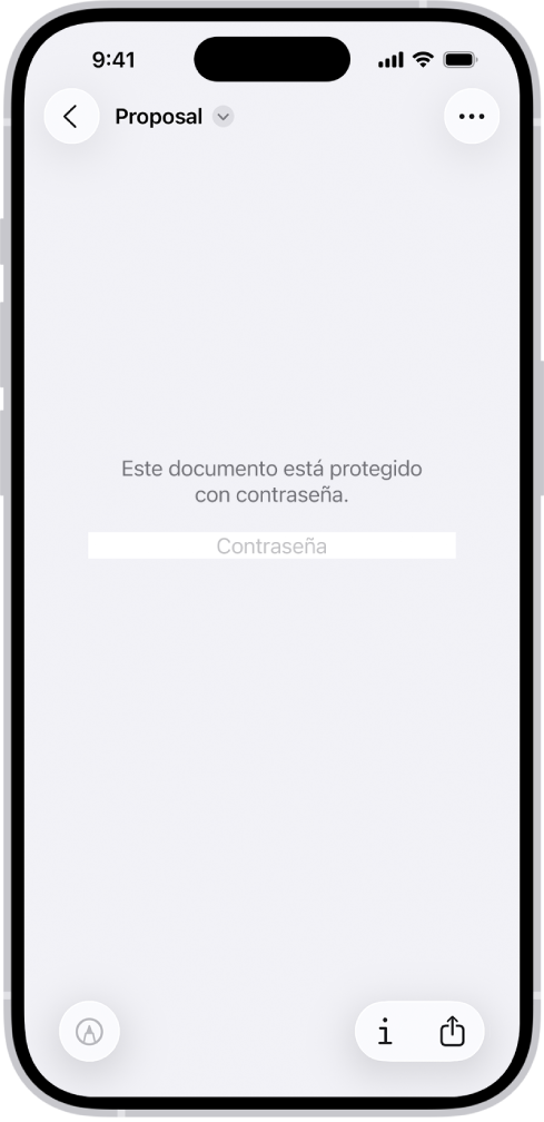 Un formulario PDF bloqueado que muestra un campo de contraseña. En la parte inferior de la pantalla se encuentran los botones Marcado, Información y Compartir.