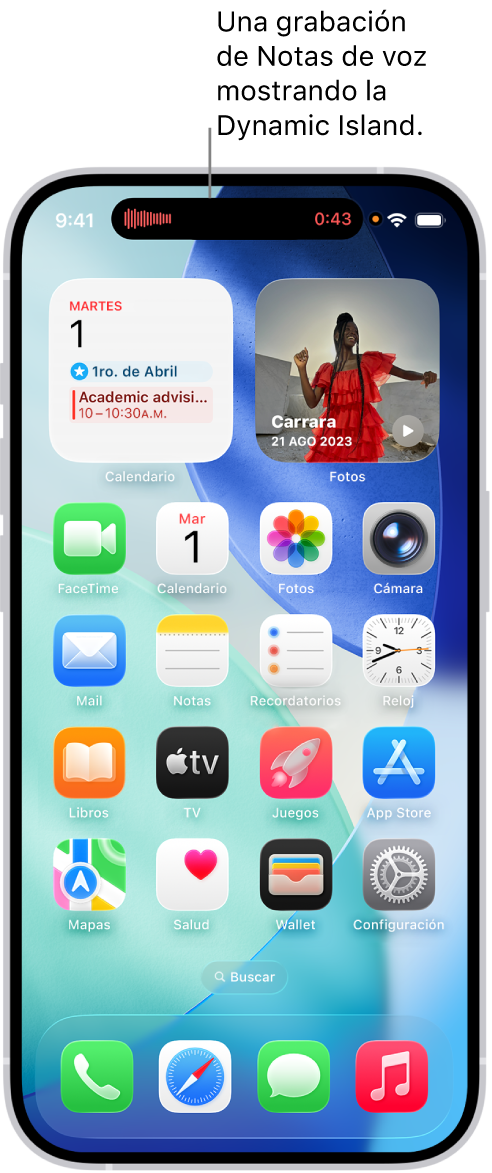 La pantalla de inicio del iPhone mostrando una grabación de Notas de Voz en la Dynamic Island.
