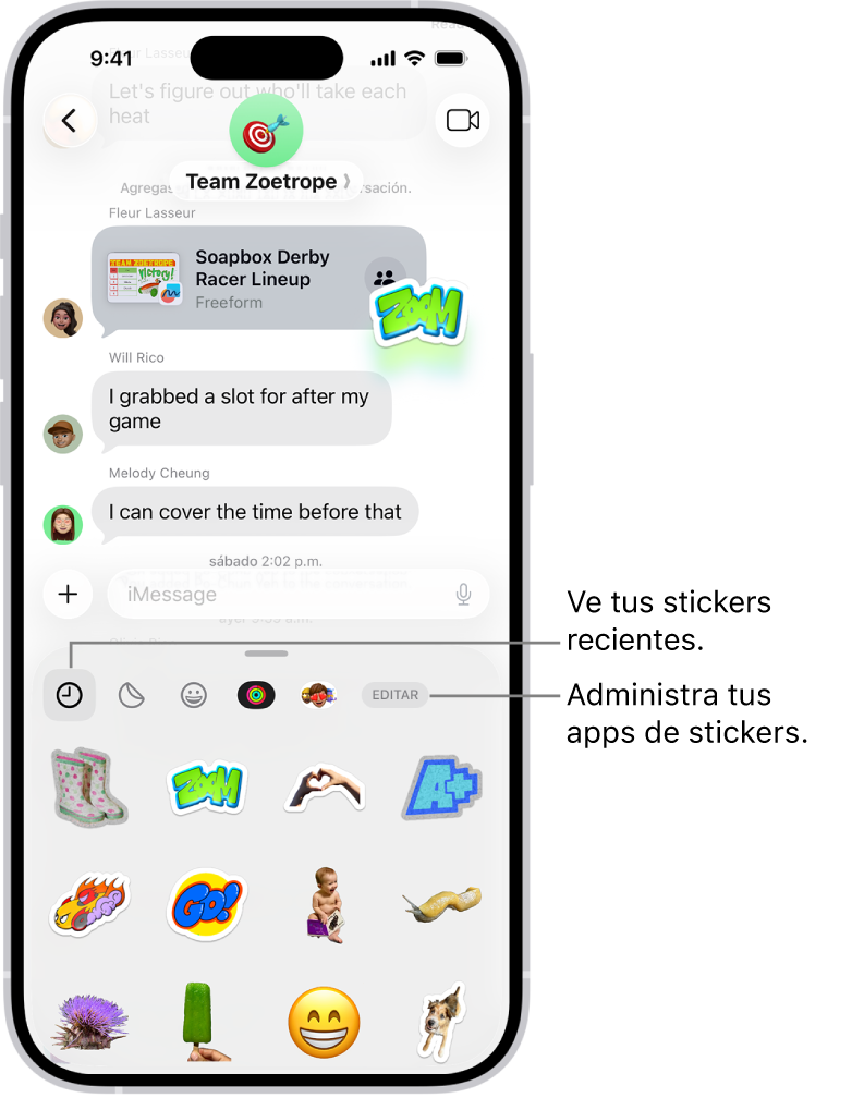 Varios stickers aparecen debajo de la conversación. Cada botón de la parte superior de la tarjeta abre un paquete de stickers.