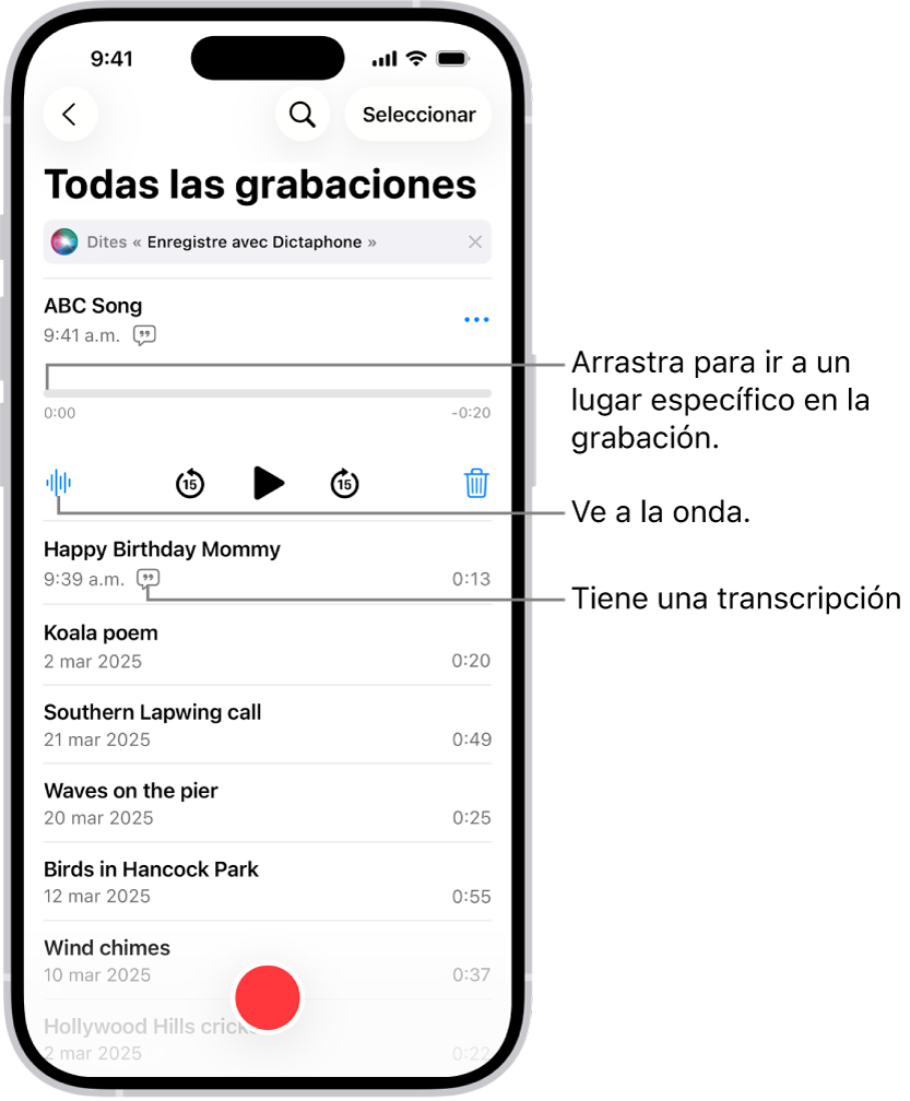 La pantalla de Notas de Voz con una grabación seleccionada en la parte superior. La línea del tiempo de la grabación tiene un cursor de reproducción, que puedes arrastrar para ir a un punto específico de la grabación. Los controles de reproducción se encuentran debajo de la línea del tiempo.